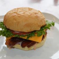 American B Burger · Grilled fresh chicken, patty, red onion, ripe tomato, crisp lettuce, honey cured bacon, shar...