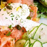 Cold Smoked Salmon · French Levain with House-made Avocado Spread, Poached Egg, Cold Smoked Salmon, Capers, and C...