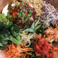 Brown Rice · Organic Kale, Bean Sprouts, Carrots, Cucumbers, Shredded Cabbage, Broccoli, Blue Lake Beans,...