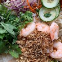 Rice Noodle Bowl · Poached shrimp, organic romaine, shredded cabbage, mung bean sprouts, cucumbers, fried shall...