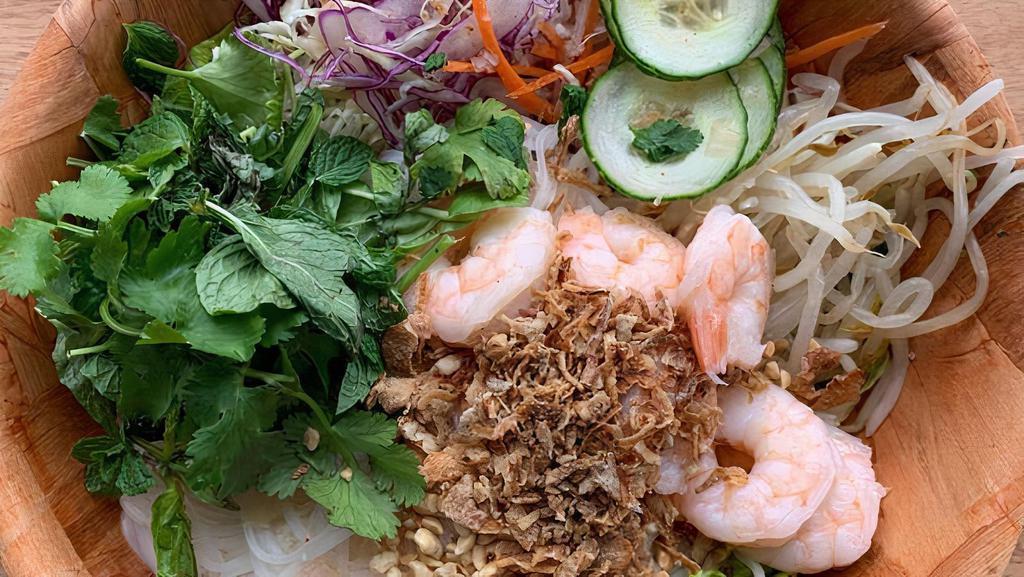 Rice Noodle Bowl · Poached shrimp, organic romaine, shredded cabbage, mung bean sprouts, cucumbers, fried shallots, peanuts, cilantro, mint, basil w/ lime vinaigrette.