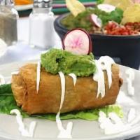 Chimichanga · Fried burrito includes rice, beans, your choice of meat, and cheese. Also includes side sour...