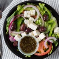 Greek Salad · Lettuce, cucumbers, tomatoes, red onions, bell peppers, feta cheese, kalamata olive greek or...
