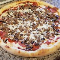 #1. O Sole Mio · Salami, pepperoni, fresh mushrooms, Italian sausage and mozzarella cheese.
