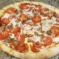 #4. Soprano · Salami, pepperoni, fresh tomatoes, onions, Italian sausage, fresh garlic and mozzarella.