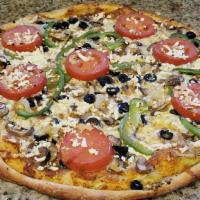 #21. Farmers Delight · Tomatoes, mushrooms, bell peppers red onions, olives, feta cheese, garlic and very lite chee...