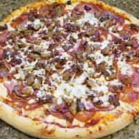 #13. Zorba’s All Meat · Salami, pepperoni, Italian sausage, bacon, ground beef, Canadian bacon.