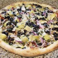 #12. Deluxe Veggie · Pesto or red sauce, artichoke hearts, red onions, mushrooms, sun-dried tomatoes, olives and ...