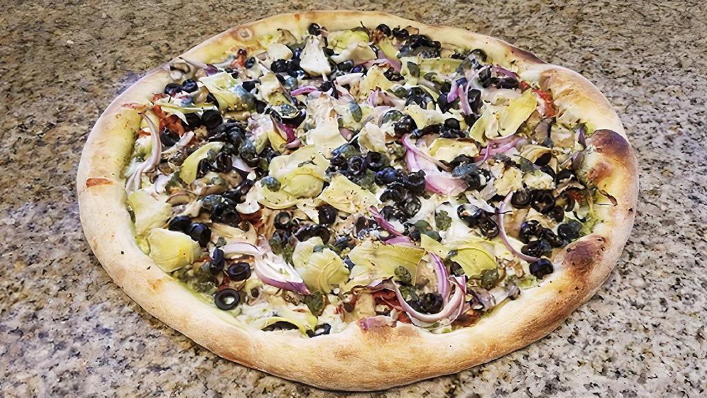 #12. Deluxe Veggie · Pesto or red sauce, artichoke hearts, red onions, mushrooms, sun-dried tomatoes, olives and garlic.
