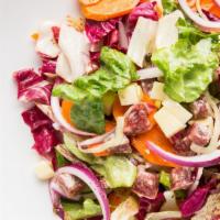 Chopped salad · Salami, provolone, gems, onions, chickpeas, mixed olives, oregano vinaigrette