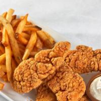 Chicken Tenders · 5 chicken tenders tossed in your choice of sauce with fries on the side and choice of drink