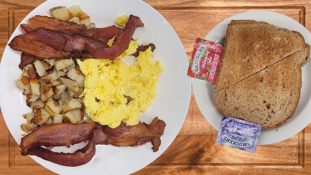 Bacon & Eggs · Served with two eggs, potatoes, buttered toast, and jam.