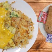 Vegetarian Omelet · Mushrooms, zucchini, onions, green peppers, and American cheese.