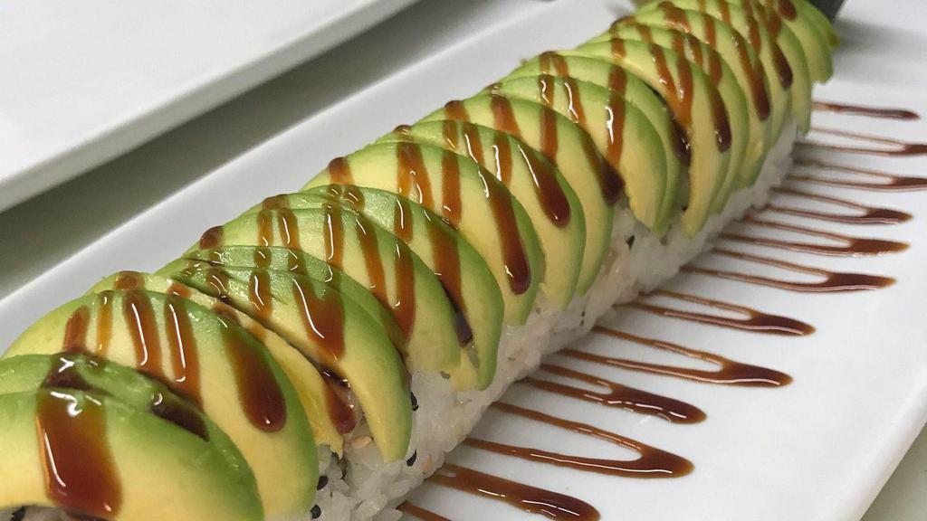 Caterpillar Roll · Unagi, cucumber, avocado and eel sauce on top.