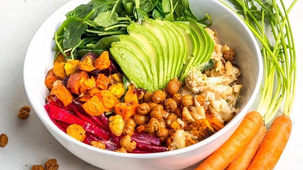 Buddha Bowl · Wheat Berries, roasted cauliflower, sweet potato, carrots, shredded raw beets, seasoned fried chickpeas, baby spinach, avocado, chickpea tofu, miso tahini dressing. (This is a cold salad)