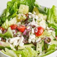 Greek Salad · Dana's Favorite!. Baby romaine, cherry tomatoes, cucumbers, red onions, parsley, feta cheese...