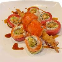 Amanda · Shrimp tempura avocado topped with tuna salmon tobiko & crabmeat. unagi sauce.