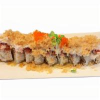 Sakura · Shrimp tempura & cream cheese topped with spicy tuna kaiwari tobiko crabmeat & crispy tempur...
