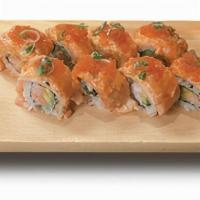 Lion King · Crabmeat & avocado topped with baked salmon & tobiko spicy mayo sauce.