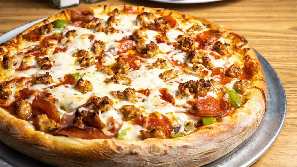 2. Mission Special · Pepperoni, sausage, canadian bacon, bell peppers, mushroom and onions.