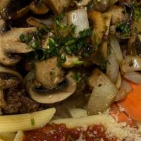 Hamburger Steak · Hamburger Steak with Grilled Mushrooms & Onions. Served with Penne Pasta, Fresh Vegetables a...