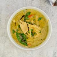 Green Curry · Spicy. Green curry cooked with coconut milk, peas, bamboo shoots, carrots and basil leaves.