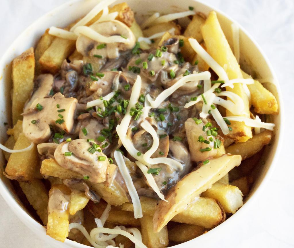 Creamy Mushrooms & Swiss Loaded Fries · Yes, a combination of Swiss and parmesan cheese in a yummy cream sauce.