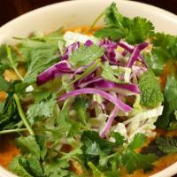 Red Curry Rice Vermicelli Noodles (Khao Poon Nahm Prik) · Laotian noodle dish of rice vermicelli noodles in a spicy coconut milk curry broth with bamb...