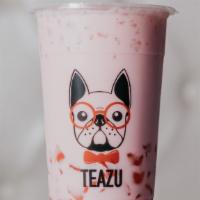 Pink Panther · Strawberry black milk tea topped with strawberry heart jelly.