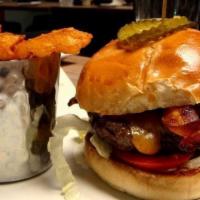 Painted Hills Grass Fed Angus Burger · 1/4lb burger, brioche bun, lettuce, tomato, red onion, pickles, & secret sauce