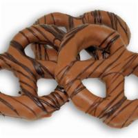 Pretzels · Dipped in milk chocolate and drizzled with dark chocolate.