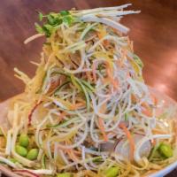 Senroppon Salad · Shredded daikon, turnip, cucumber, carrots with atsuage tofu, radishes, soybeans, kaiware, a...