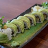 Haku Roll · Sushi rice with fried yam, shiitake mushroom, rolled up with an outer layer of avocado.