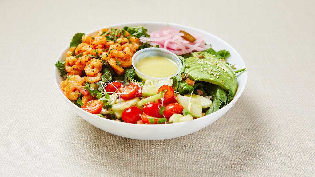 Paleo Shrimp Salad · Mixed green salad (arugula, spinach, lettuce) served with spicy garlic shrimp, grape tomato, cucumber, parsley, avocado, pickled red onion and lemon-mustard vinaigrette. Gluten-free. Dairy-free.