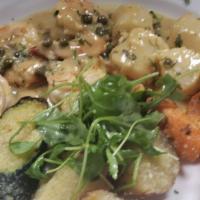 Gamberi Fiore · Gluten-free. Tiger shrimp with mushrooms in a champagne dill cream sauce with roasted vegeta...