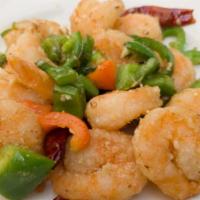 Salt and Pepper Shrimp · Spicy. Crispy shrimp with Chinese five-spiced salt, jalapenos, onions, and garlic. Spicy hot.