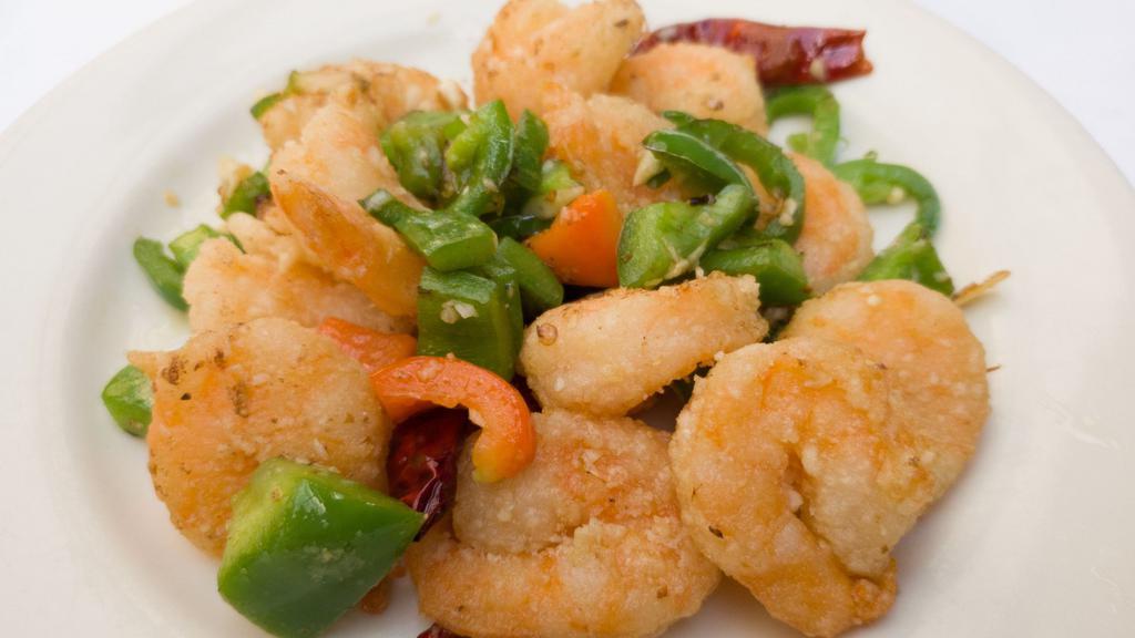 Salt and Pepper Shrimp · Spicy. Crispy shrimp with Chinese five-spiced salt, jalapenos, onions, and garlic. Spicy hot.