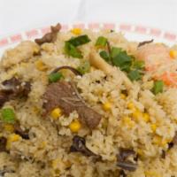 Big Boss Fried Rice · Chicken, shrimp, pork, wood ear mushrooms, and silk noodle. Tossed with egg, corn, and green...