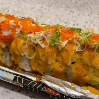 Volcano Roll (8 pc) · Spicy. CA Roll topped with salmon baked with Spicy mayonnaise sauce) (Top: Tobiko and green ...