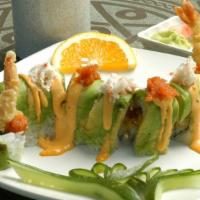 Happy Roll (8 pc) · Inside: Spicy tuna, shrimp tempura & crab salad topped with avocado, Spicy Mayo, little spic...