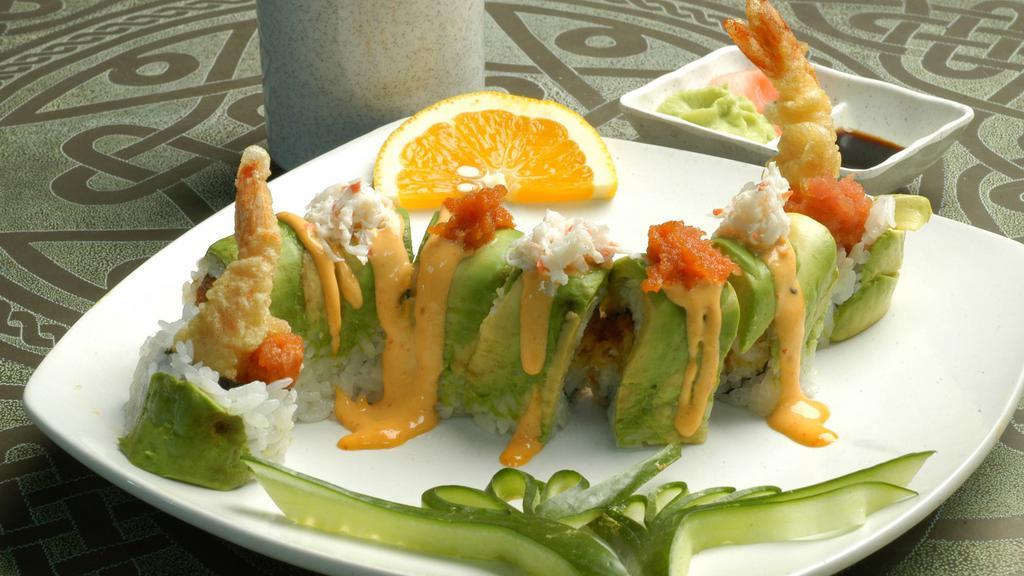 Happy Roll (8 pc) · Inside: Spicy tuna, shrimp tempura & crab salad topped with avocado, Spicy Mayo, little spicy tuna. (▲Raw).