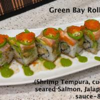 Green Bay Roll (8 pc) (New) · Shrimp Tempura, cucumber roll topped with Seared Salmon, Jalapeño, tobiko, and cilantro sauc...