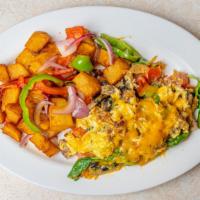 The Concord · Three eggs scrambled with bacon, tomato, mushroom, spinach, and cheddar cheese