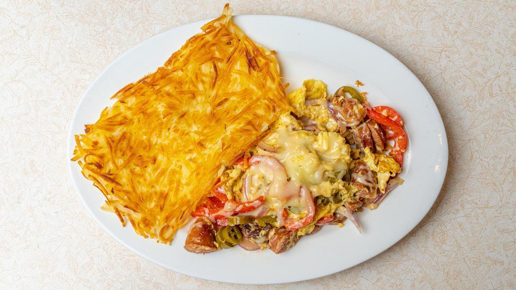 Hot Mama · Three scramble eggs with Cajun sausage, onions, bell pepper, jalapeño, and jack cheese.