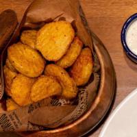 Fried Sour Pickles · lightly coated seasoned battered on fresh sour pickles, deep fried, served with ranch dressing