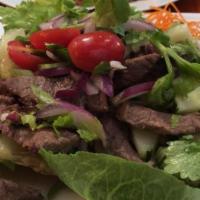 14. Beef Salad · Sliced beef with green onions, basil leaves, lime juice, red onions, cilantro and fresh chil...