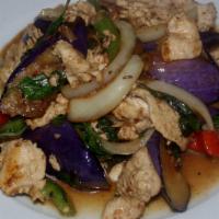Eggplant Basil · Sautéed with eggplant, garlic, yellow onions, bell peppers and basil.