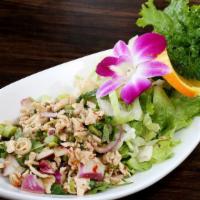 Larb Salad · Ground chicken, beef, pork, or tofu with onions, mint and rice powder in lime dressing.