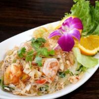 Yum Woon Sen Salad · Glass noodles with shrimp, ground chicken, onions, chili, and lime dressing.
