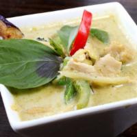 Green Curry (Kaeng Kaew) · Green curry paste in coconut milk with eggplant, bell pepper, bamboo shoots, string bean, ba...
